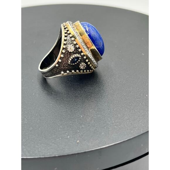 JAS Turkey Sterling Silver Lapis Lazuli, CZ, Blue Sapphire Two Tone Ring Sz 8 - Picture 13 of 13